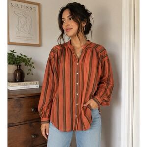 Xirena Atlee Terracotta Striped Button Up Cotton Blouse Small Boho Oversized Top